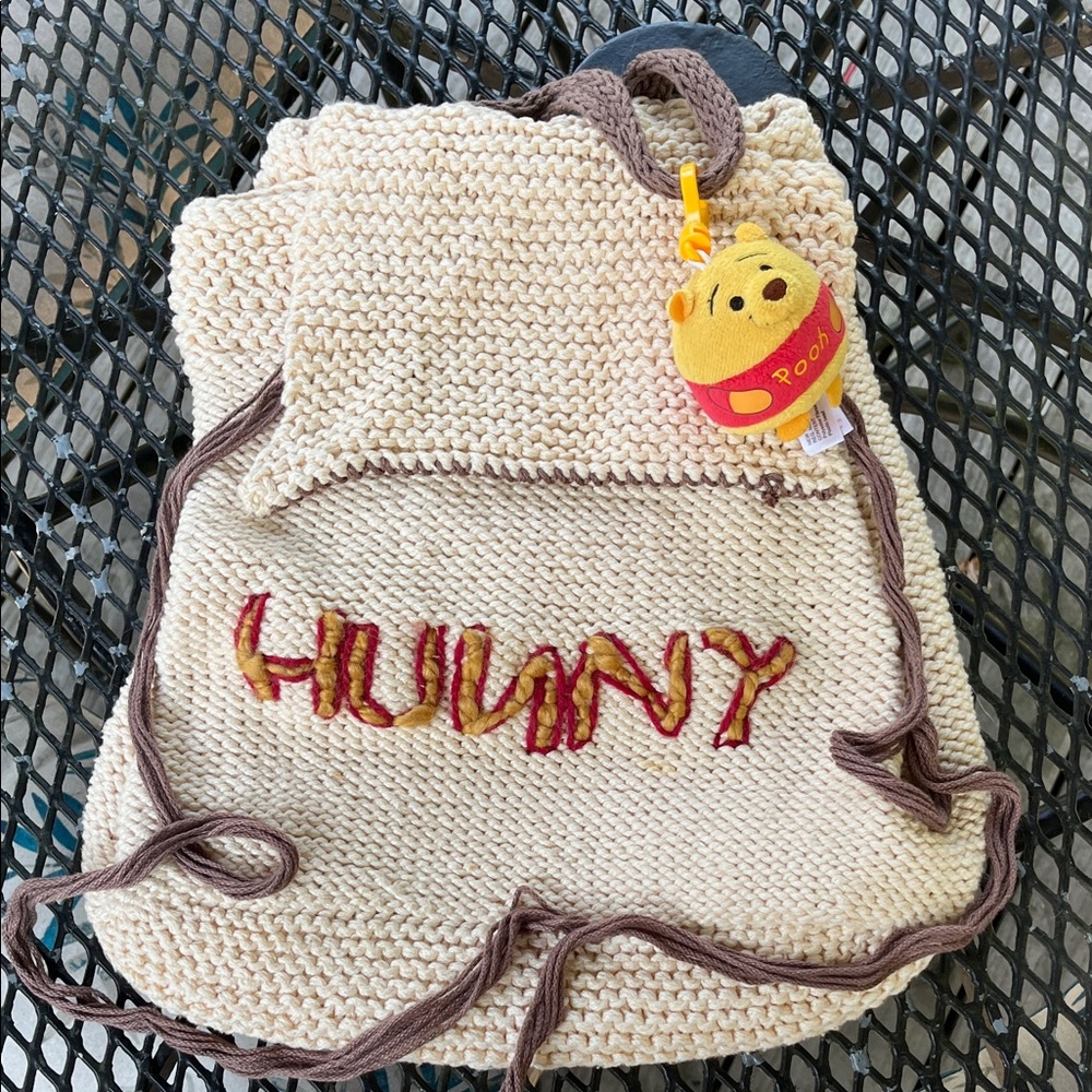 Hand Knit Honey Pot Drawstring Backpack with Winnie the Pooh Charm